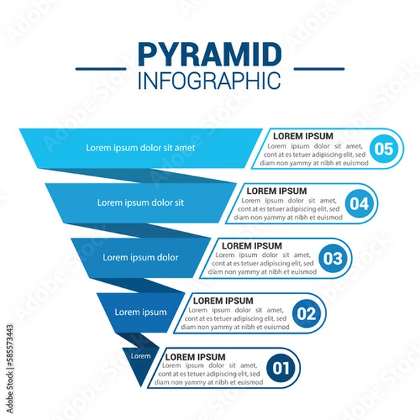 Fototapeta Pyramid Infographic, funnel pyramid business infographic with 5 charts. Template can be edited, recolored, editable. EPS Vector	