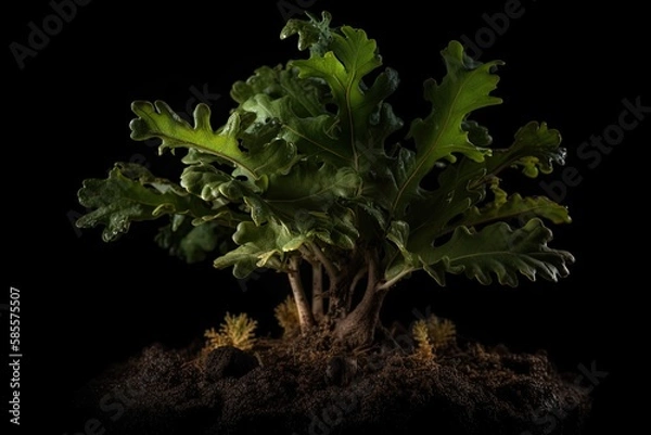 Fototapeta Tree oak planted in the soil substrate. Seedlings or plants illuminated by the side light. Highly lighted oak leaves with dark background. High quality generative ai