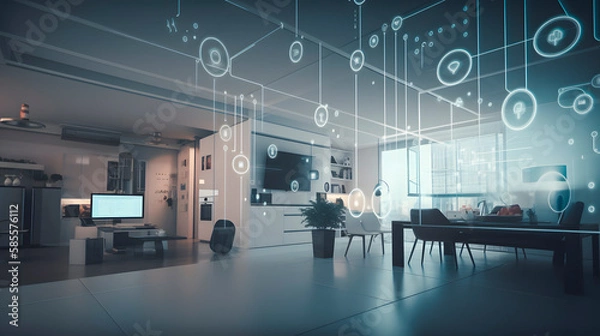 Obraz the concept of the Internet of Things with an image of a smart home, featuring various connected devices and appliances AI