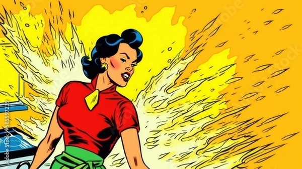 Obraz a housewife in the kitchen with fire in the background. Vintage Pop art style.