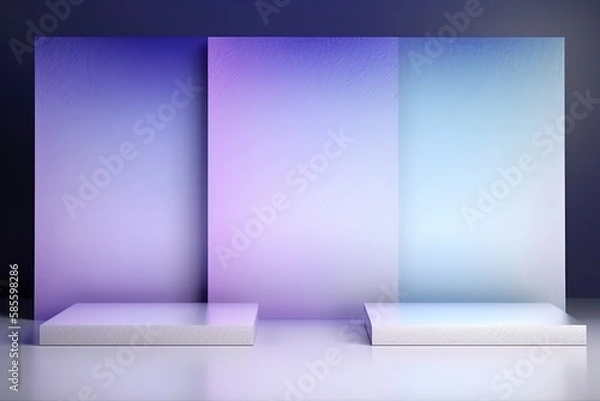 Fototapeta three white podiums on a purple and blue background. Generative AI