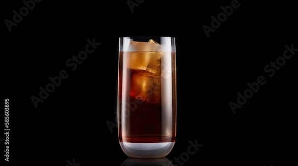 Fototapeta Refreshing iced piscola, a perfect blend of pisco and bubbly cola with ice, garnished with a fresh slice of lemon and served in a tall, chilled glass. Enjoy the taste of summer, generative ai