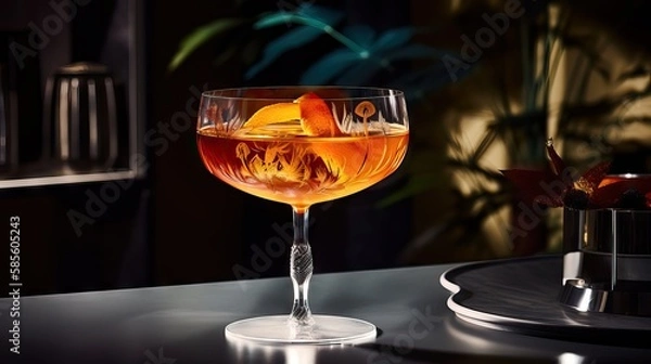 Fototapeta A vibrant and refreshing Aperol Spritz cocktail, served in a stemmed wine glass filled with ice and garnished with a slice of orange. The cocktail features a bright orange color, generative ai