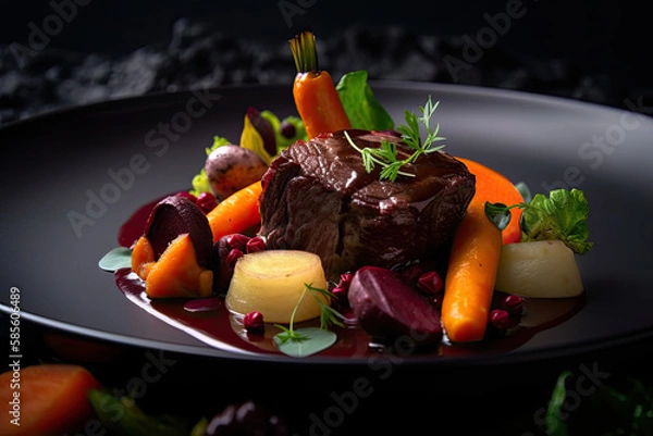Fototapeta A juicy filet mignon steak with colorful assortment of vegetables including carrots and beets drizzled in sauce