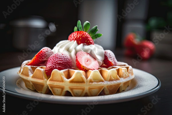 Fototapeta A delicious sweet Belgian waffle with whip cream and strawberries