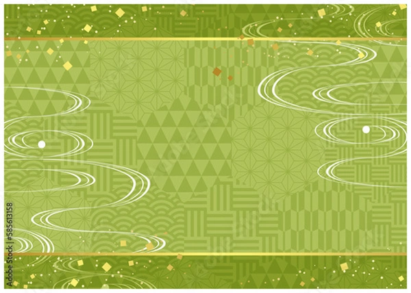 Obraz 緑の雲と六角和柄背景ヨコ