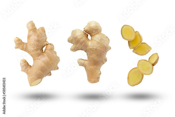 Obraz Flying ginger root with slices collection isolated on white background.