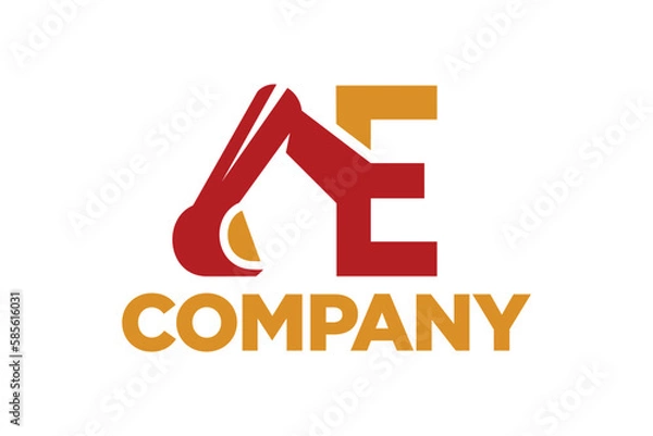 Fototapeta letter E with excavator concept, excavator icon, building logo template, excavator vector illustration, suitable for symbol, logo, company name, brand name, personal name, icon, identity and etc.
