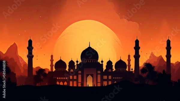 Fototapeta Mosque Orange Light Background - Generative AI
