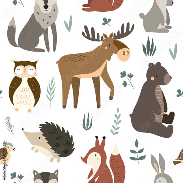 Obraz Forest seamless pattern with cute animals - elk, bear, rabbit, hedgehog and owl. Vector illustration