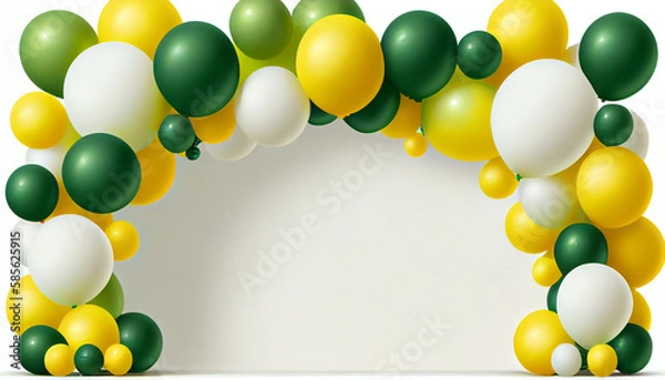 Obraz Green and Yellow balloon garland on plain white background, Generative AI