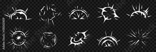 Obraz Mango explosion effects set. Vector cartoon motion explosion effects set. Vector moving flash graphic, comic force explosions or energy shaped graphic designs.