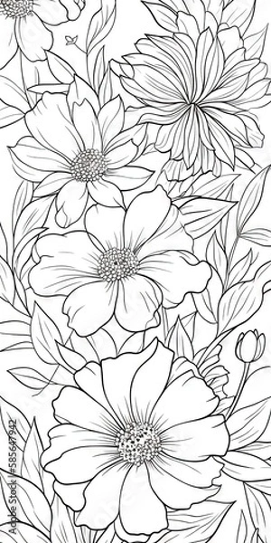 Fototapeta Page de livre de coloriage d'art en ligne, floral, fond blanc