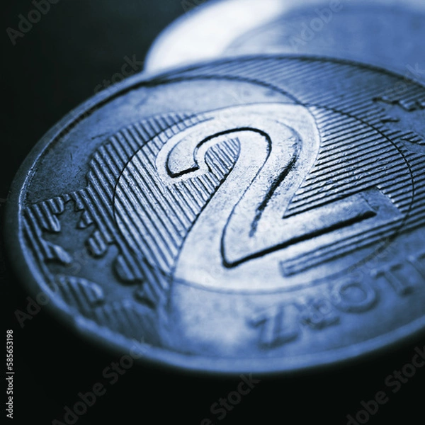 Fototapeta Translation: 2 zloty. Fragment of Polish two zloty coin close up. National currency of Poland. Dark blue tinted square illustration for news about economy or finance. Money and inflation. Macro