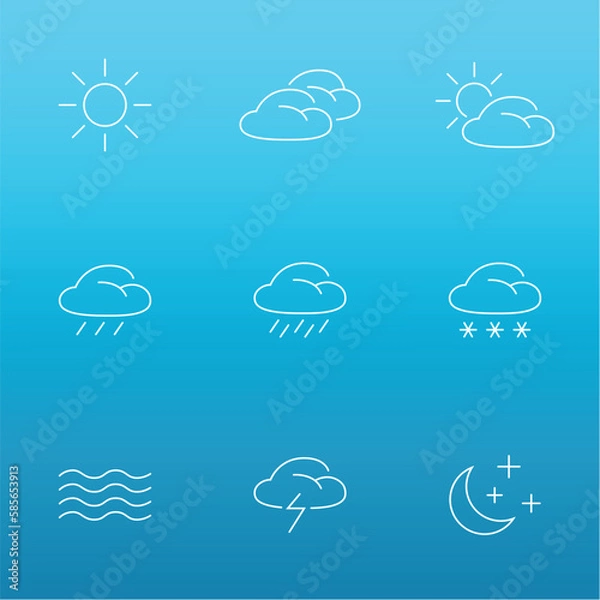 Fototapeta Weather line icons isolated on blue background. Weather icons for web and mobile app. Vector illustration