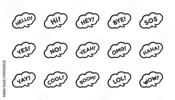 Fototapeta Cute speech bubble with short phrases cool, omg, wow, haha, lol online messaging icon set. Simple flat vector illustration.