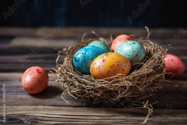 Fototapeta bird's nest with eggs on a rustic wooden table. Generative AI