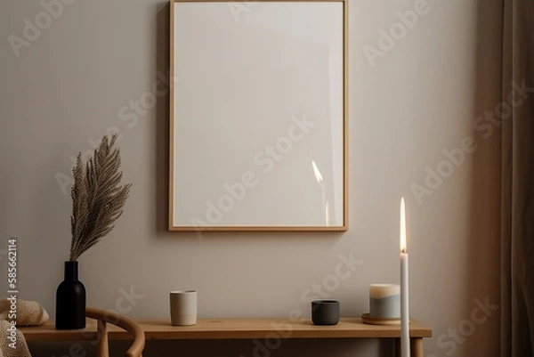 Fototapeta 3D rendering landscape wooden frame mock up with copy space for artwork, photo, or print presentation with a warm and cozy background. generative AI