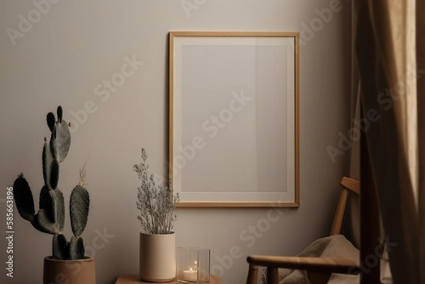 Fototapeta Wooden frame leaning on the warm and cozy background in the interior mockup. Template of a picture frame on a wall 3D rendering, generative AI.