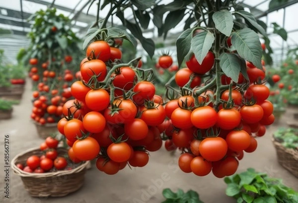 Fototapeta A large basket of tomatoes is held in a greenhouse, tomatoes in the garden, 