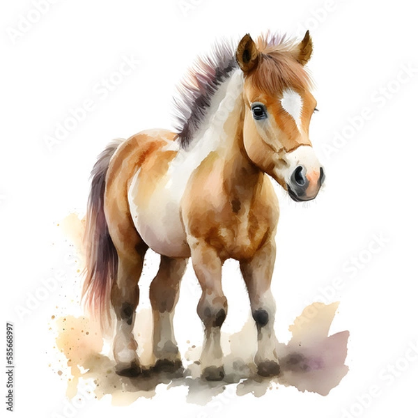 Fototapeta Cute watercolor horse. Funny animal design for fabric, t-shirt, greeting card, sticker. Illustration by Generative Ai
