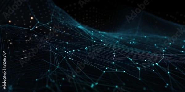 Obraz Türkise, Neuronale Netze 3D-Illustration. Big Data und Cybersicherheit. Datenstrom. Globale Datenbank und künstliche Intelligenz. Farbenfroher Hintergrund mit Bokeh-Effekt (GenerativeAI)