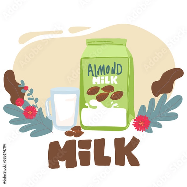 Fototapeta Isolated almond milk in paper package with liquid splash and nuts, natural drink branding on carton container with lid, advertising of vegan liquid for nutrition. Dairy packaging and advertising