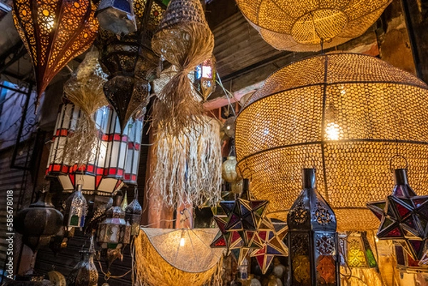 Fototapeta Colorful chandeliers for sale in a market in a souk in the Medina around the Jemaa el-Fnaa square in Marrakesh Morocco