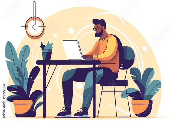 Fototapeta Flat vector illustration of Graphic designer working on computer desk