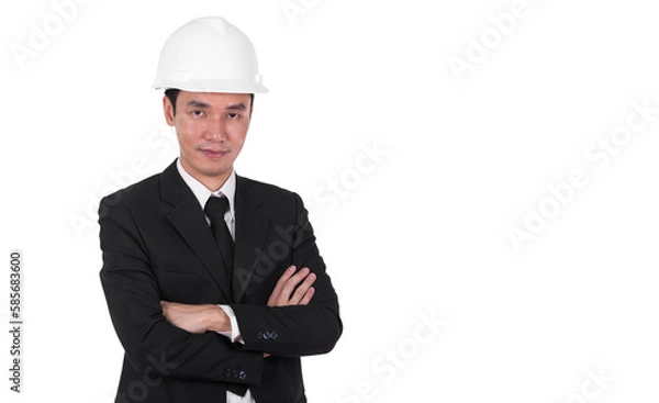 Fototapeta engineer in white helmet with arms crossed on transparent background png file