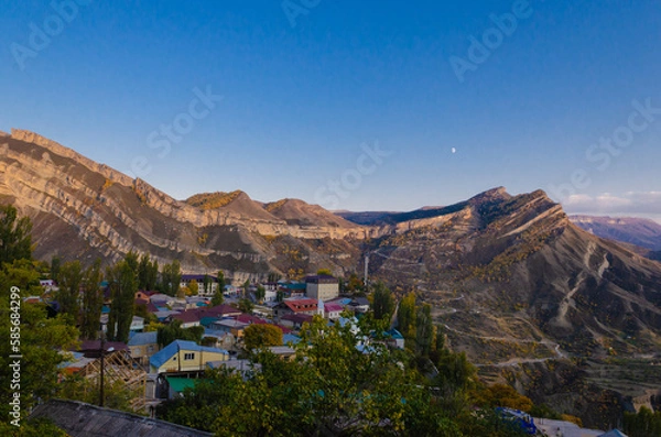 Obraz A high view of a village in the Caucasus mountains.