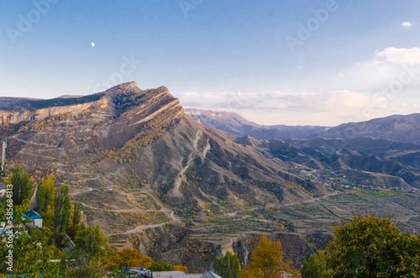 Obraz A high view of a village in the Caucasus mountains.