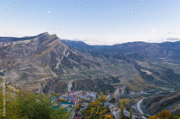 Obraz A high view of a village in the Caucasus mountains.