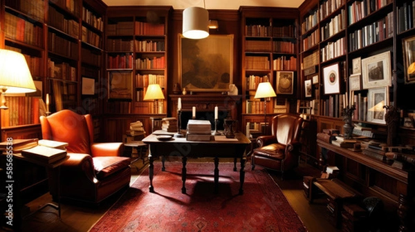 Fototapeta Library room with many books and armchairs in old house (Generative AI)