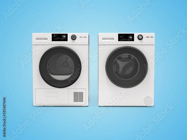 Fototapeta 3d illustration washing machine machine and clothes dryer front view on blue background with shadow