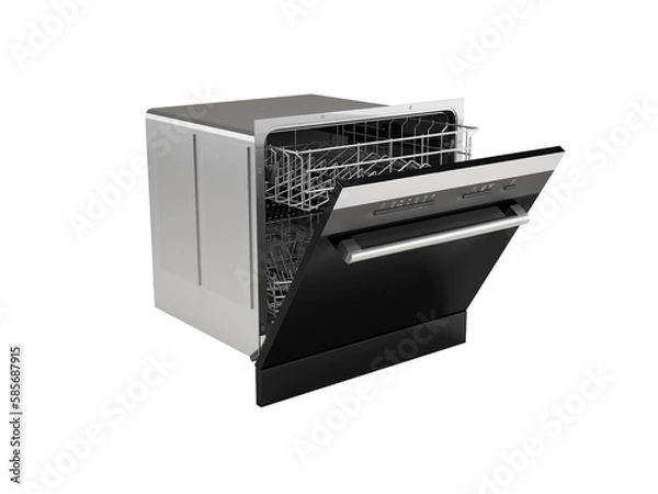 Fototapeta 3D illustration of built in electric dishwasher with programs for washing dishes on white background no shadow