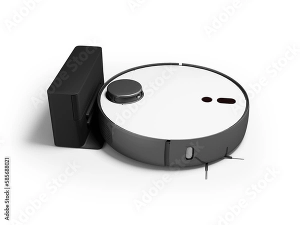 Fototapeta 3D ilustracja nowoczesnego odkurzacza robota do czyszczenia na sucho z pojemnikiem z ładowarką na białym tle z cieniem