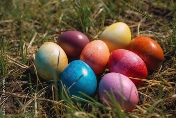 Fototapeta colorful Easter eggs nestled in green grass. Generative AI