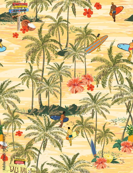 Fototapeta Hand Draw Art Summer Tropical Palm Tree Island With Hawaii Islanders Surf Activity, Car and Spring Floral Seamless Pattern On Light Yellow Background
