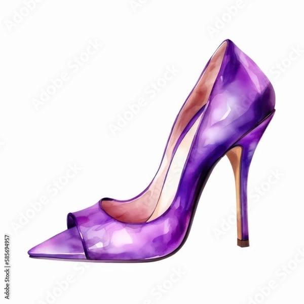Obraz Violet female shoe with high heel, watercolor illustration. Generative AI.