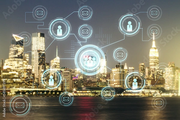 Fototapeta Abstract virtual social network concept on New York city skyline background. Multiexposure