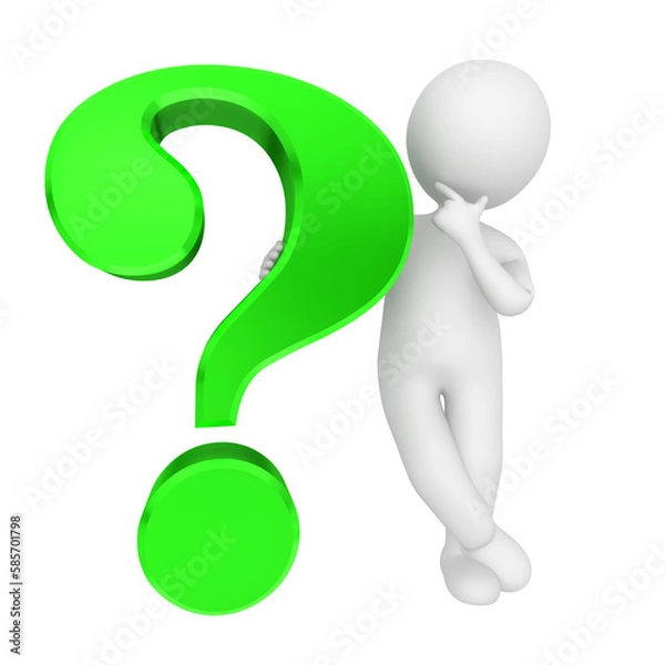 Fototapeta Green question mark with thinking asking stick man 3d isolated on transparent background PNG