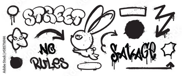 Fototapeta Set of graffiti spray pattern. Collection of black symbols, arrow, star, rabbit, text, bomb and stroke with spray texture. Elements on white background for banner, decoration, street art and ads.