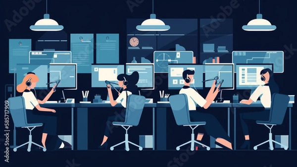 Obraz Employees in the call center at computers. The concept of helping people. AI generated