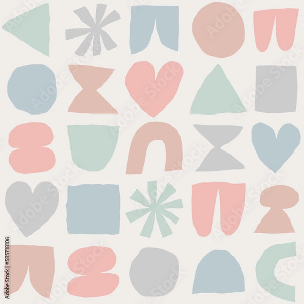 Fototapeta Vector pattern with different abstract shapes. Artistic texture with paper cut elements. Modern background with cutout circle, heart, square, triangle, and other abstract shapes