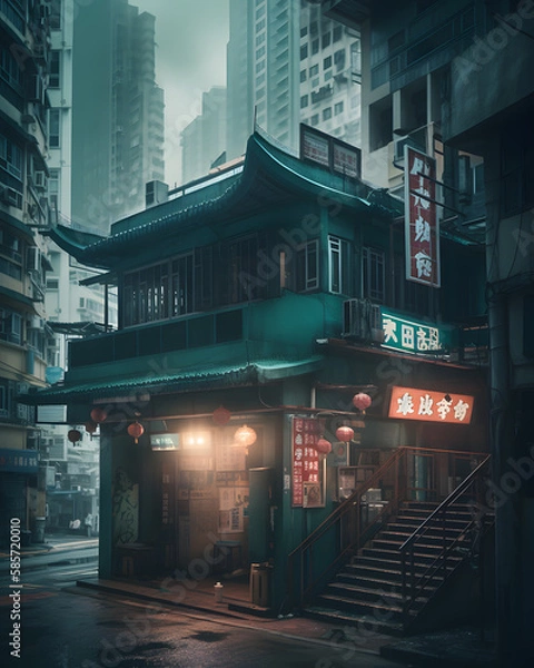 Fototapeta A dystopian architectural landscape in Hong Kong: cyberpunk of the future, Generative AI