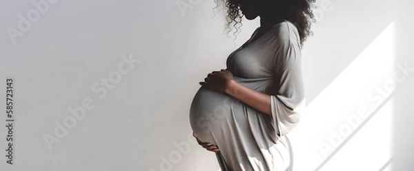 Fototapeta banner pregnant black woman in grey dress holds hands on big belly , Pregnancy, maternity, preparation and expectation, copyspace for text, generative ai.