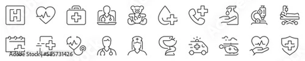 Fototapeta Hospital and medical care thin line icon set 1 of 3. Symbol collection in transparent background. Editable vector stroke. 512x512 Pixel Perfect.