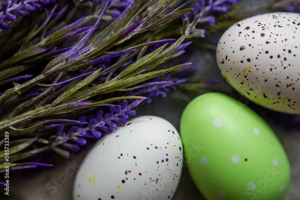 Fototapeta Easter decoration with eggs and lavender .