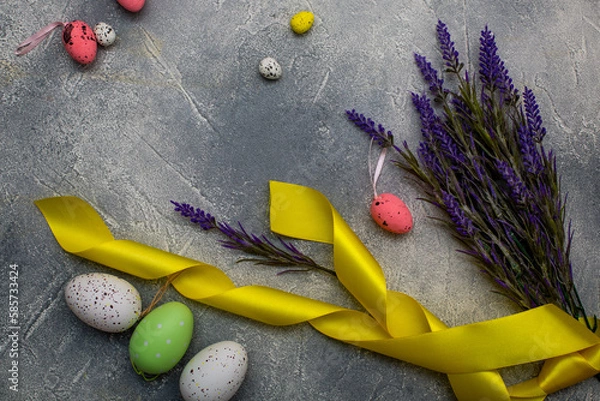 Fototapeta Easter decoration with eggs and lavender .